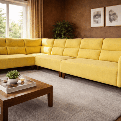 Warm living room with yellow sofa