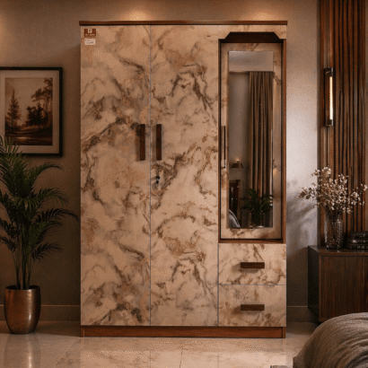 Premium Marble Finish Wardrobe with Mirror & Drawer Storage – Modern Bedroom Almirah