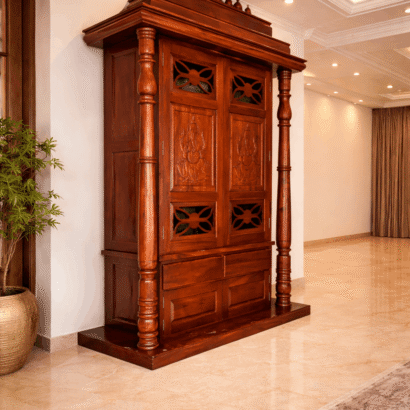 Antique Design Wooden Pooja Mandir with Double Doors