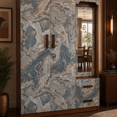Marble Finish Wardrobe with Mirror & Drawers – Luxury Bedroom Almirah