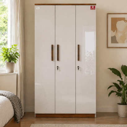 White Gloss 3 Door Wardrobe – Premium Wooden Almirah